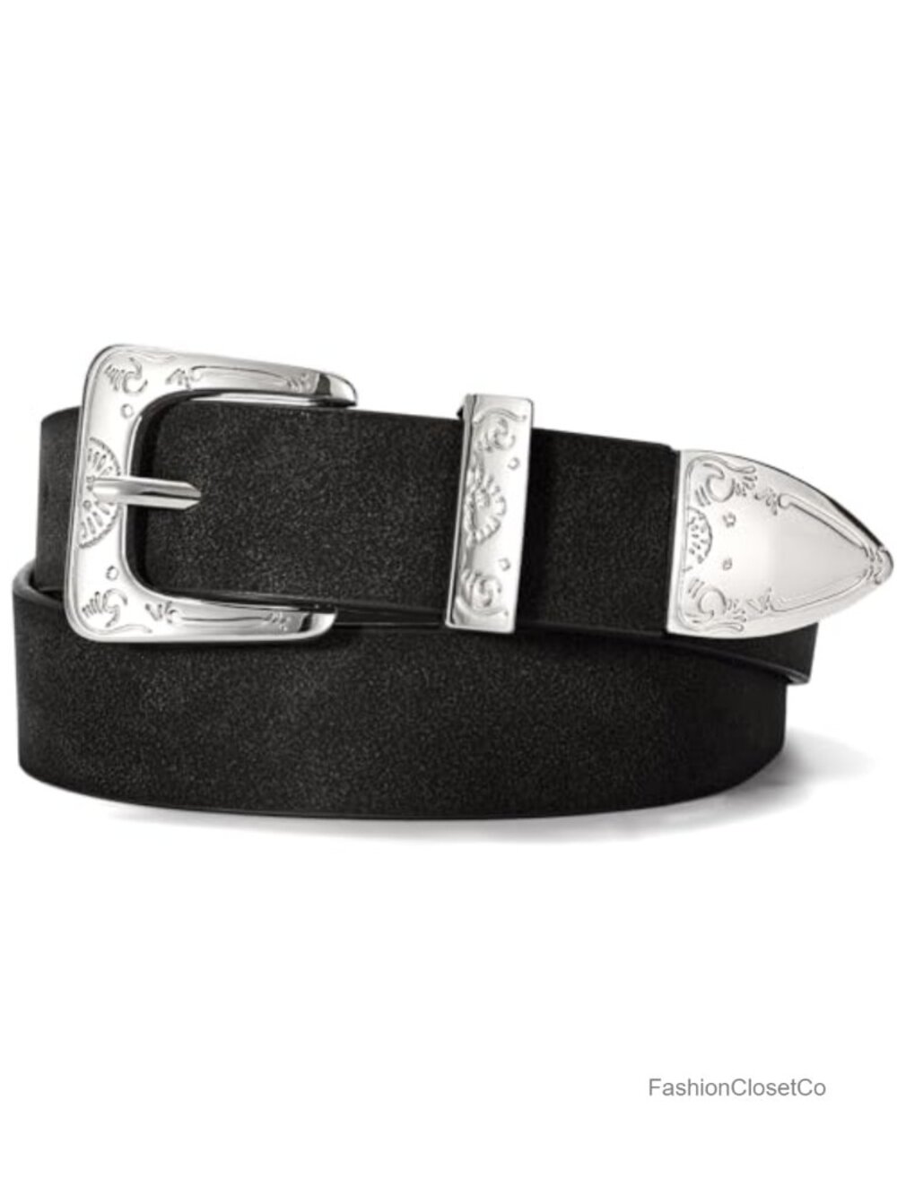 Women's Faux Suede Western Belt with Silver Floral Buckle